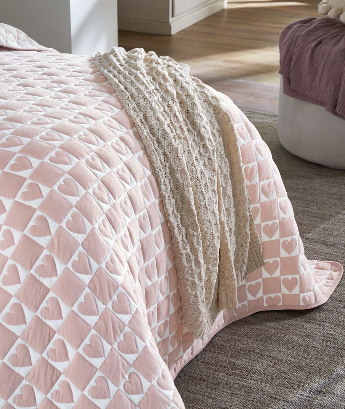 Little Hearts Light Pink 100% Cotton Knitted With Polyester Filled Single Bed Size Cover With 1 Pillow Cover (Set Of 2)