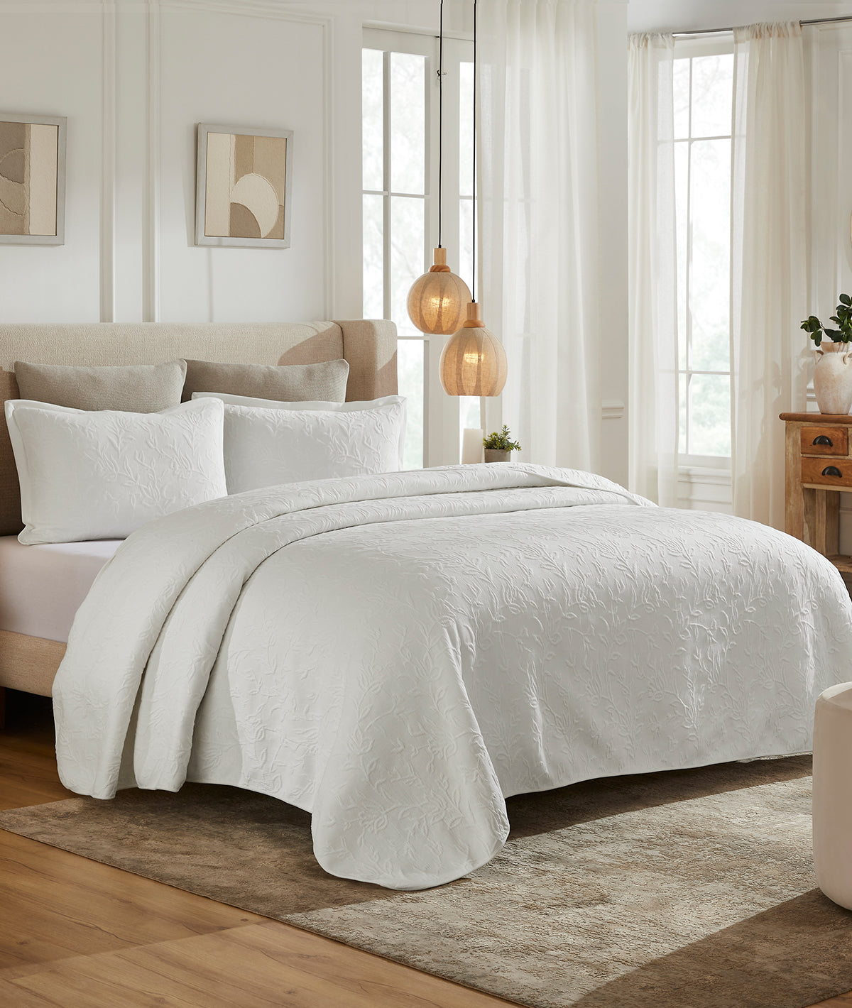 Leila Ivory 100% Cotton Knitted With Polyester Filled King Size Bed Cover With 2 Pillow Covers (Set of 3Pcs)