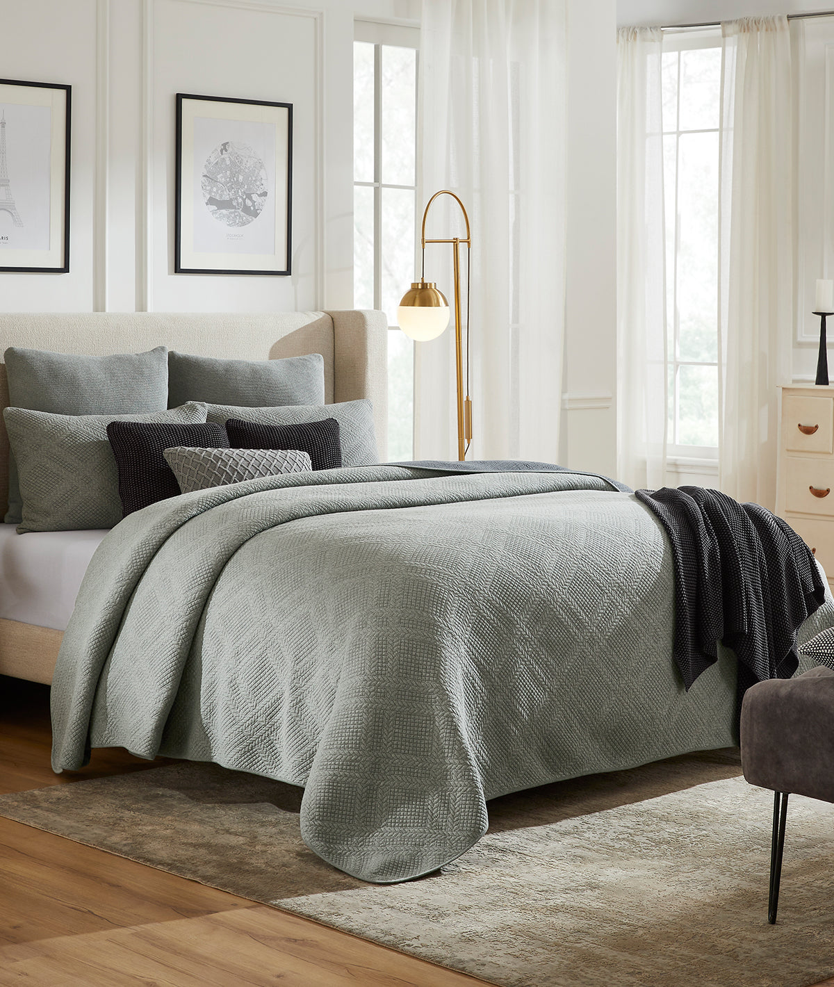 Luna Light Grey & Dark Grey 100% Cotton Knitted With Polyester Filled King Size Bed Cover With 2 Pillow Covers(Set of 3 Pcs)