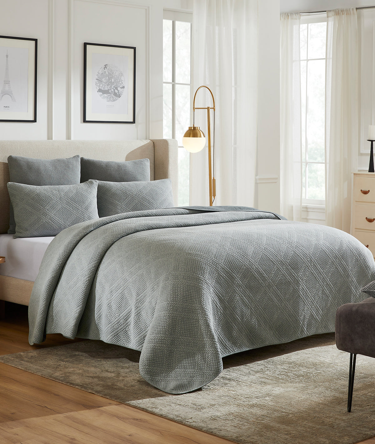 Luna Light Grey & Dark Grey 100% Cotton Knitted With Polyester Filled King Size Bed Cover With 2 Pillow Covers(Set of 3 Pcs)