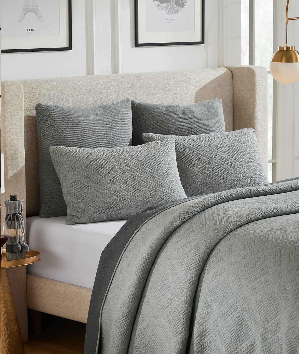 Luna Light Grey & Dark Grey 100% Cotton Knitted With Polyester Filled King Size Bed Cover With 2 Pillow Covers(Set of 3 Pcs)