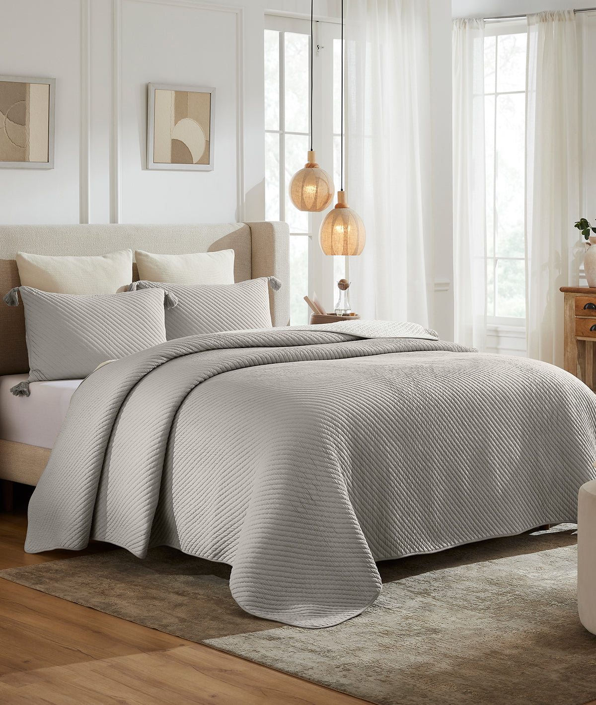 Pathway Nimbus Cloud & Ivory 100% Cotton Knitted With Polyester Filled King Size Bed Cover With 2 Pillow Covers (Set of 3 Pcs)