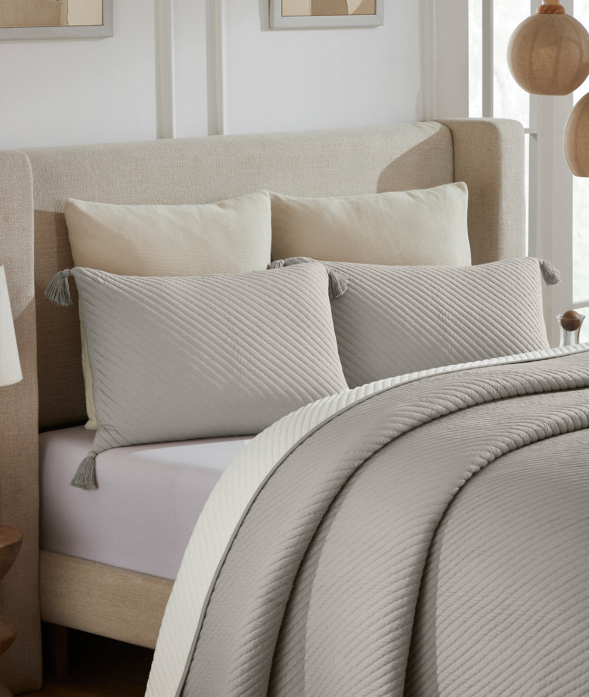 Pathway Nimbus Cloud & Ivory 100% Cotton Knitted With Polyester Filled King Size Bed Cover With 2 Pillow Covers (Set of 3 Pcs)