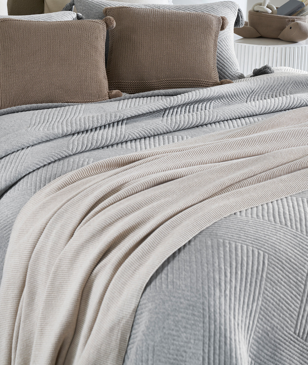 Trio Stripe Light Grey Melange & Vanilla Grey Melange Color 100% Cotton Knitted With Polyester Filled King Size Bed Cover With 2 Pillow Covers (Set of 3 Pcs)