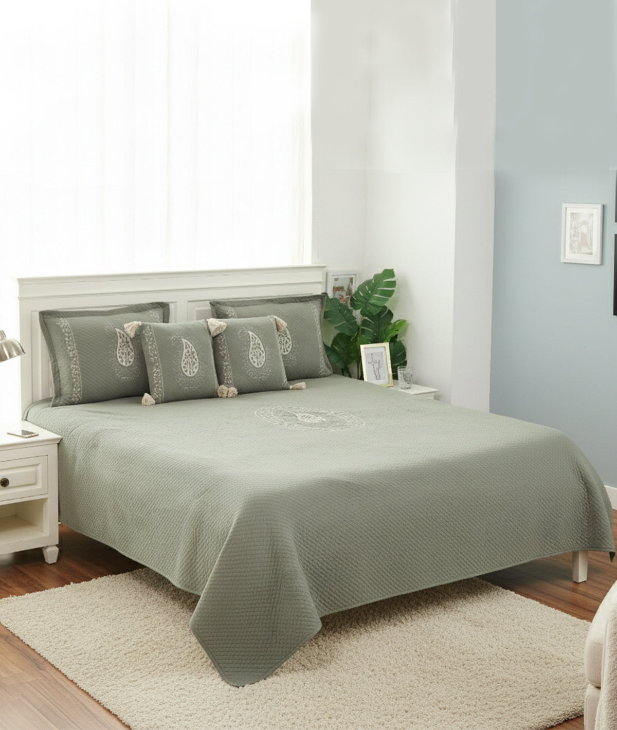 Zara- Fossil 100% Cotton Knitted With Polyester Filled King Size Bed Cover With 2 Pillow Covers & 2 Cushion Covers in Fabric Bag Packaging (Set of 5 Pcs)