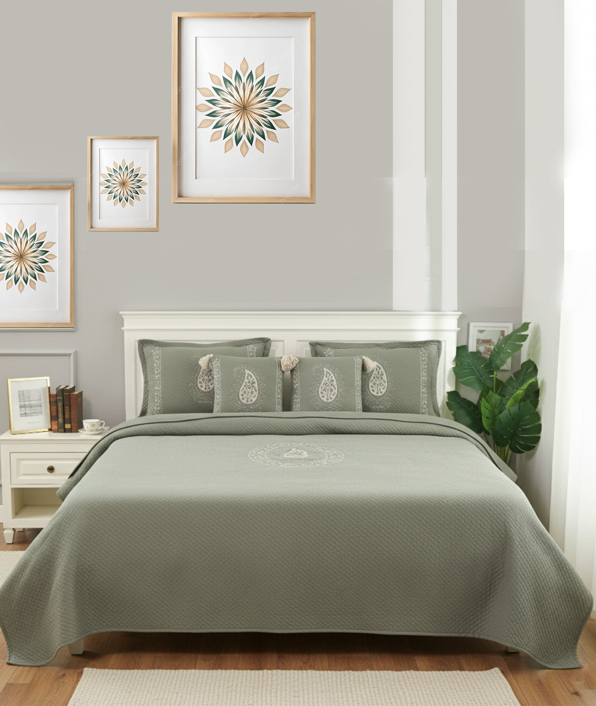 Zara- Fossil 100% Cotton Knitted With Polyester Filled King Size Bed Cover With 2 Pillow Covers & 2 Cushion Covers in Fabric Bag Packaging (Set of 5 Pcs)