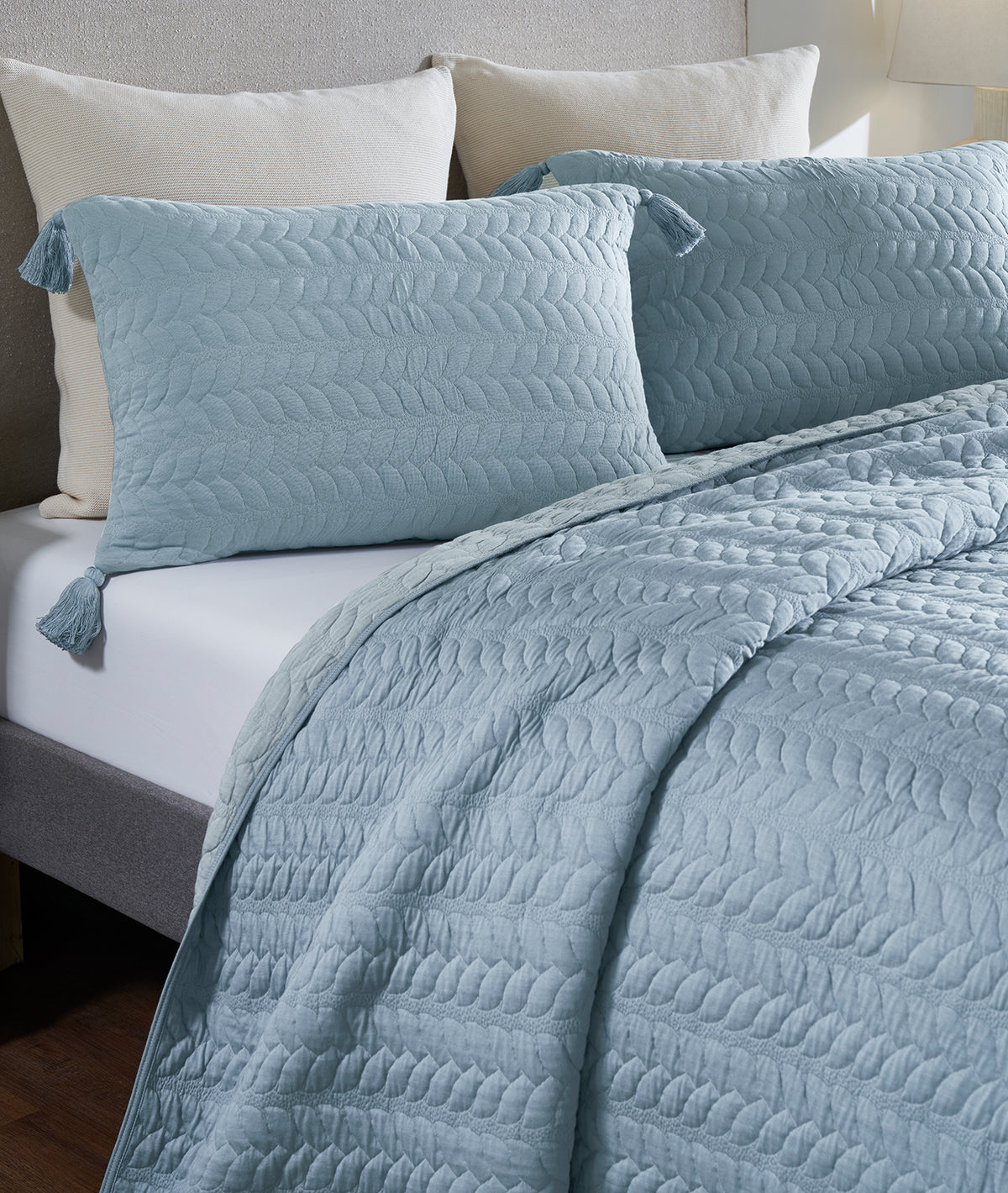 Uzoma 100% Cotton Knitted with Polyester filled King Size Bed Cover with 2 Pillow Covers (Cadet Blue and Alice Blue)