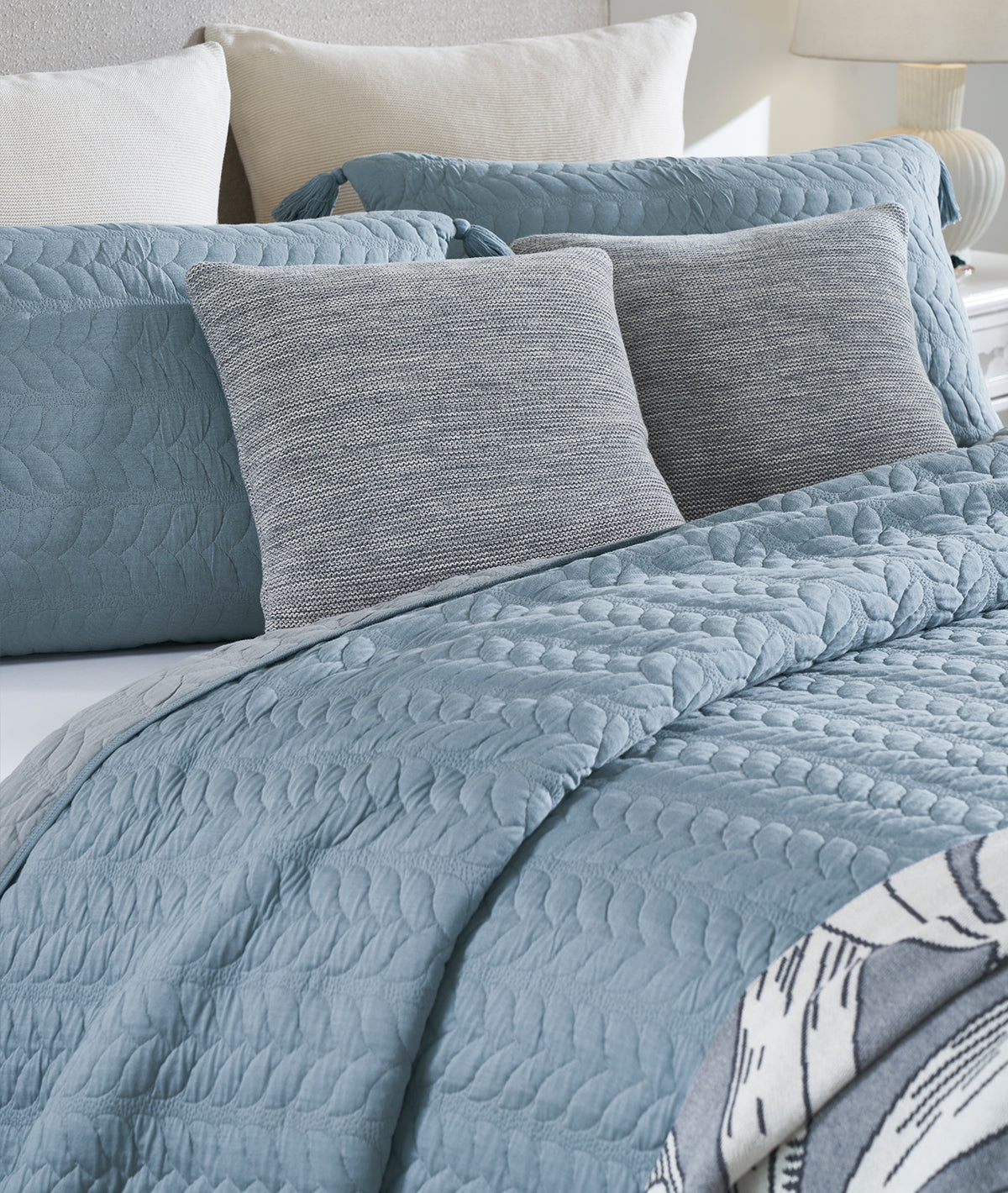 Uzoma 100% Cotton Knitted with Polyester filled King Size Bed Cover with 2 Pillow Covers (Cadet Blue and Alice Blue)