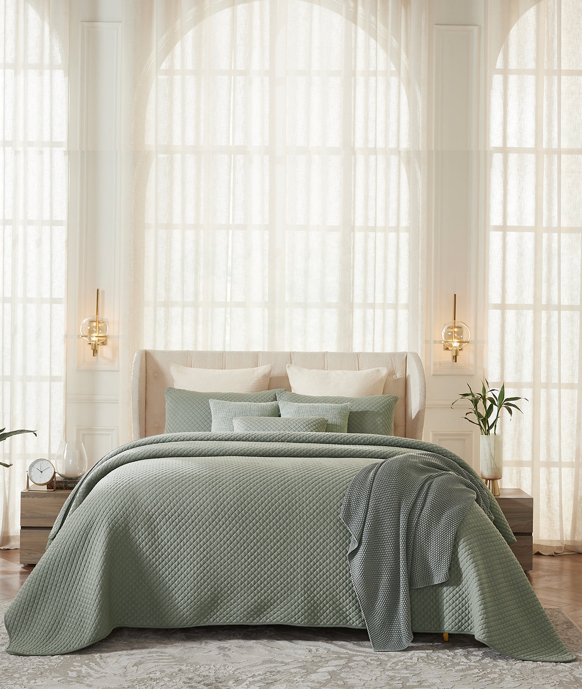Vivian Fossil 100% Cotton Knitted With Polyester Filled King Size Bed Cover With 2 Pillow Covers And 3 Cushion Covers (Set Of 6)