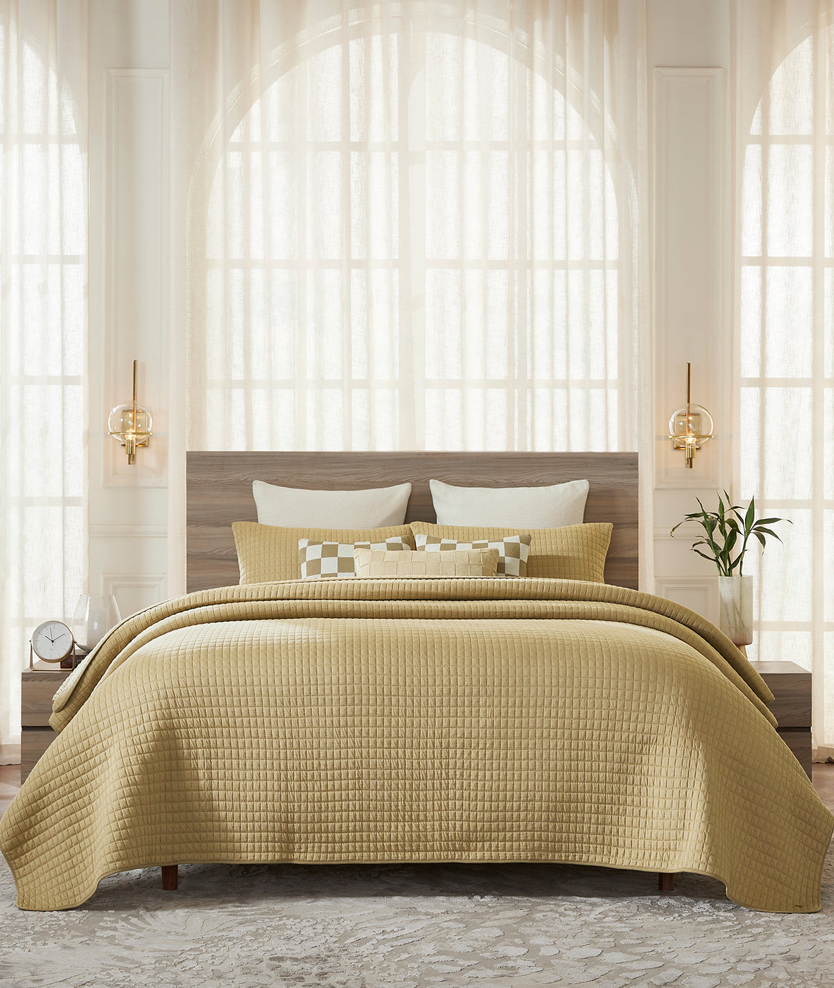 William Champagne 100% Cotton Knitted With Polyester Filled King Size Bed Cover With 2 Pillow Covers and 3 Cushion Covers (Set Of 6)