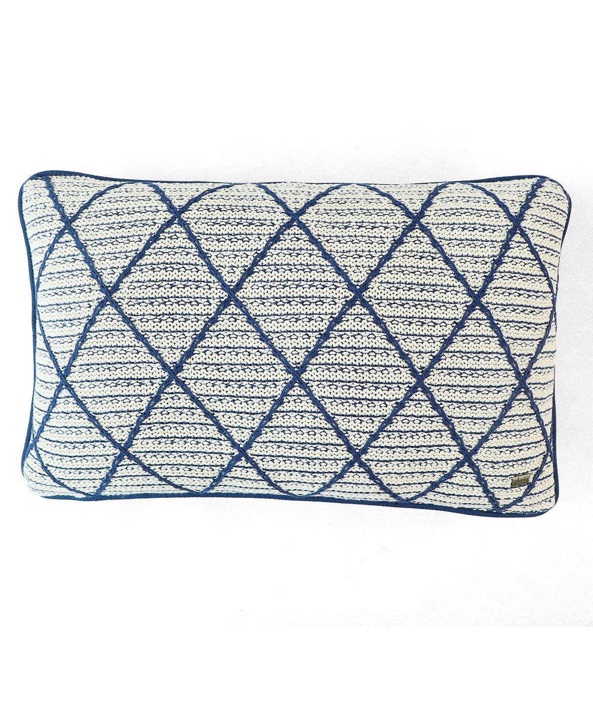 Arabella Cotton Knitted Decorative Cushion Cover (Blue And Natural Color) (30cm X 50cm)