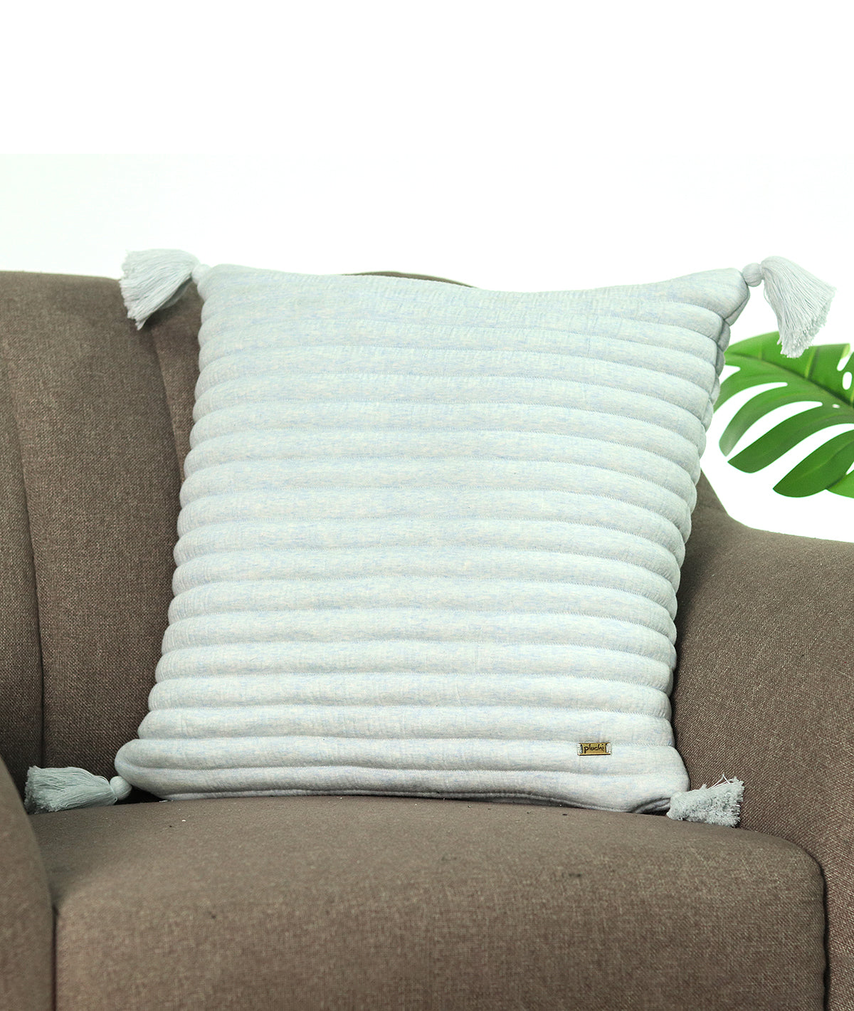 Bar White Milange Cotton Knitted Quilted Cushion with Tassels  18 X 18 Inches Cushion Cover