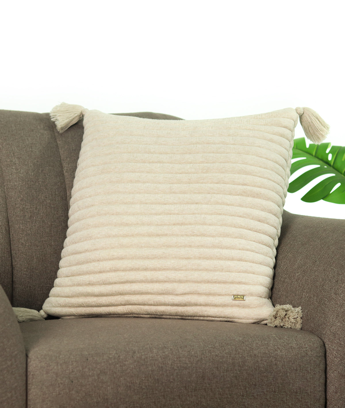 Bar Beige Milange Cotton Knitted Quilted Cushion with Tassels  18 X 18 Inches Cushion Cover