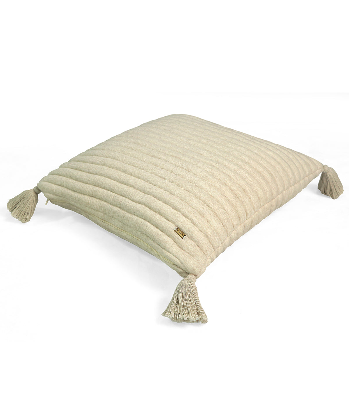 Bar Beige Milange Cotton Knitted Quilted Cushion with Tassels  18 X 18 Inches Cushion Cover