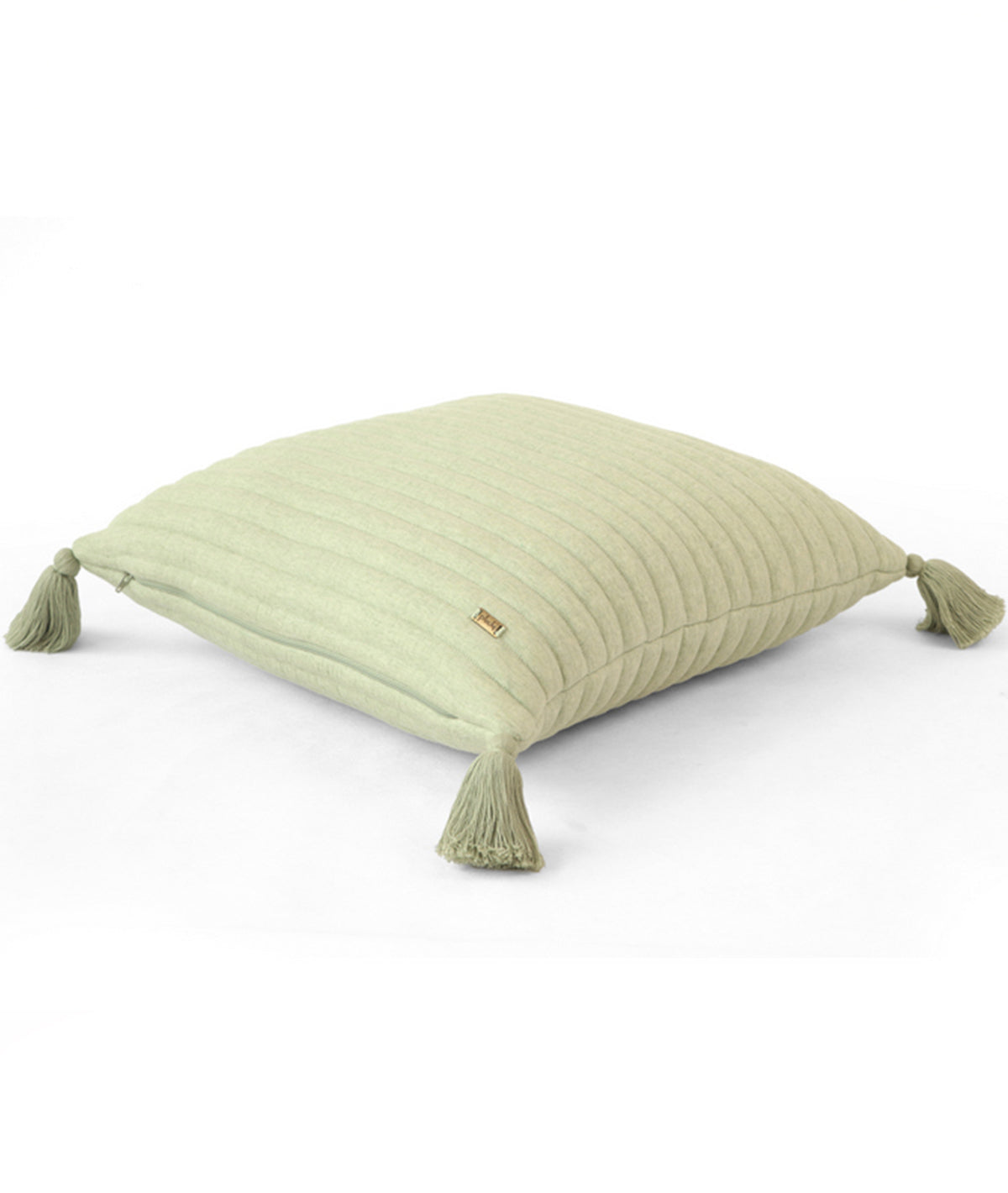 Bar Green Milange  Cotton Knitted Quilted Cushion with Tassels 18 X 18 Inches Cushion Cover