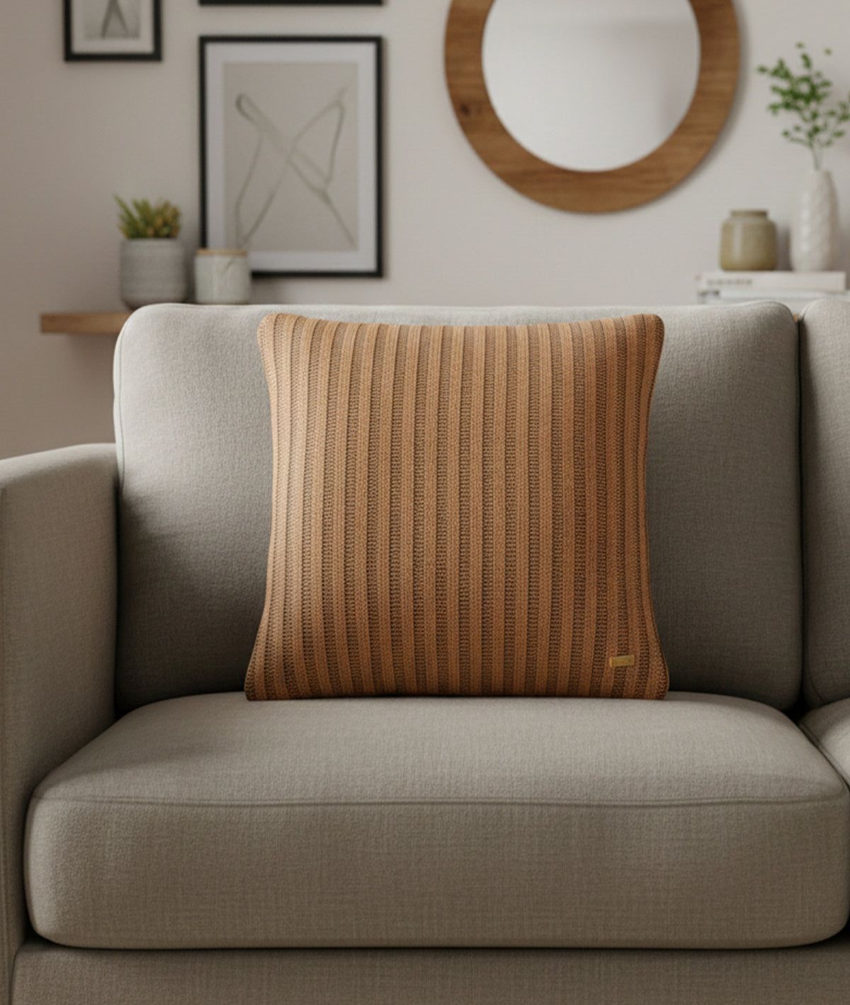 Stripe Knit Foil Print Cotton Knitted Decorative Espresso Copper Print 16 x 16 Inches Cushion Cover