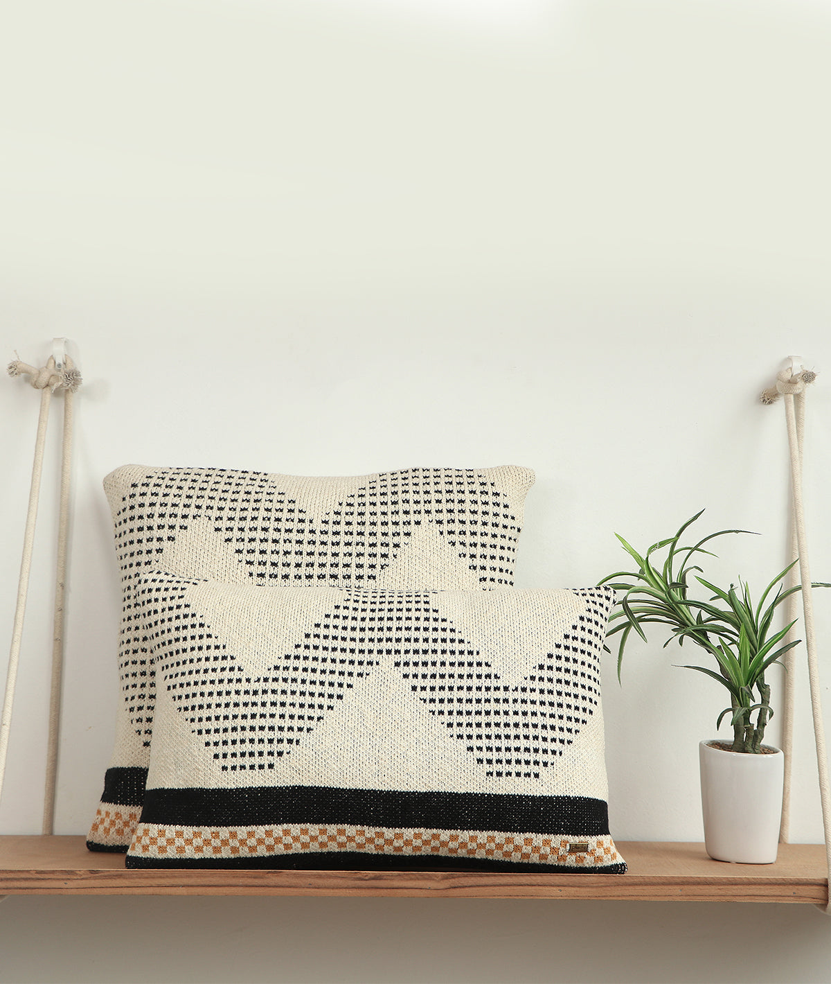 Diamond Check Cotton Knitted Decorative Natural & Black Color 18 x 18 Inches Pillow Covers