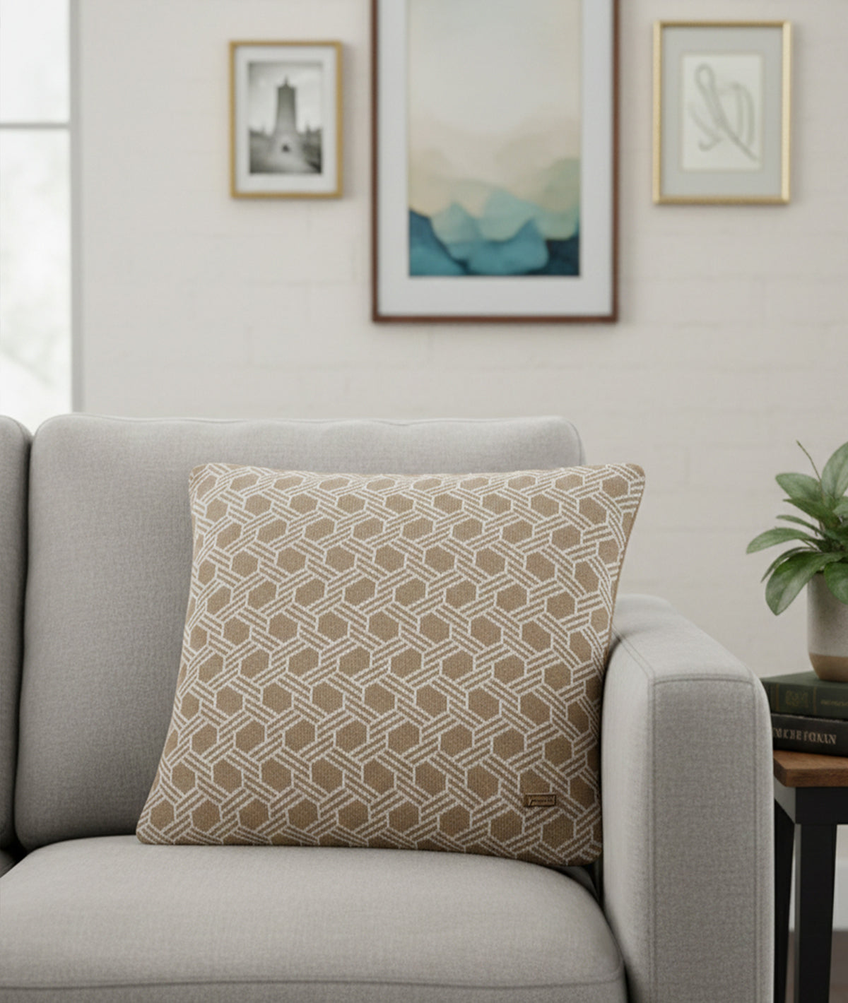 Geometric Cotton Knitted Decorative Stone & Natural Color 16 x 16 Inches Cushion Cover