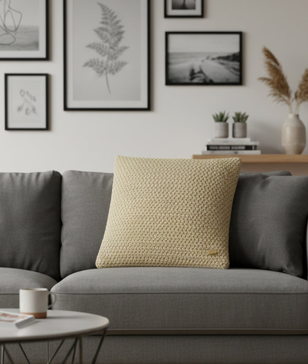 Anna Khaki Cotton Knitted Decorative 16 X 16 Inches Cushion Cover