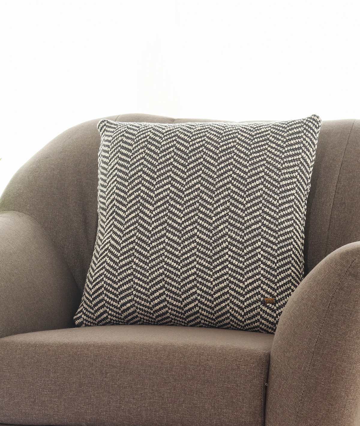 Herringbone Cotton Knitted Decorative Antique Grey & Natural Color 18 x 18 Inches Cushion Cover