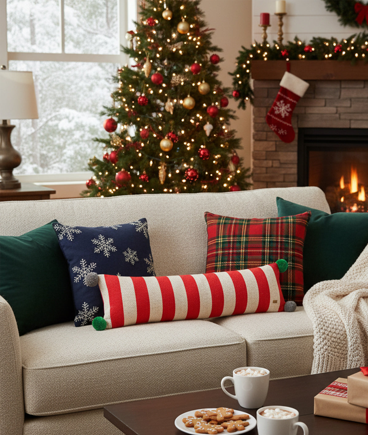 Streaky Cotton Knitted Decorative Hot Red & Natural Color with Pom Poms 35 x 7 Inches Oblong Pillow Cover