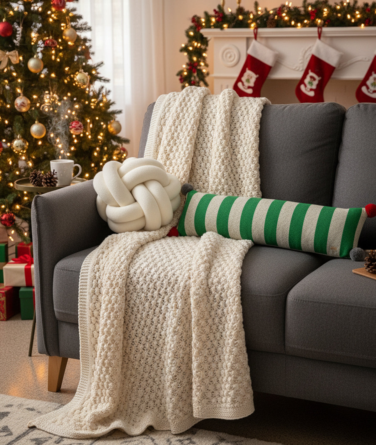 Streaky Cotton Knitted Decorative Hot Green & Natural Color with Red Pom Poms 35 x 7 Inches Oblong Pillow Cover