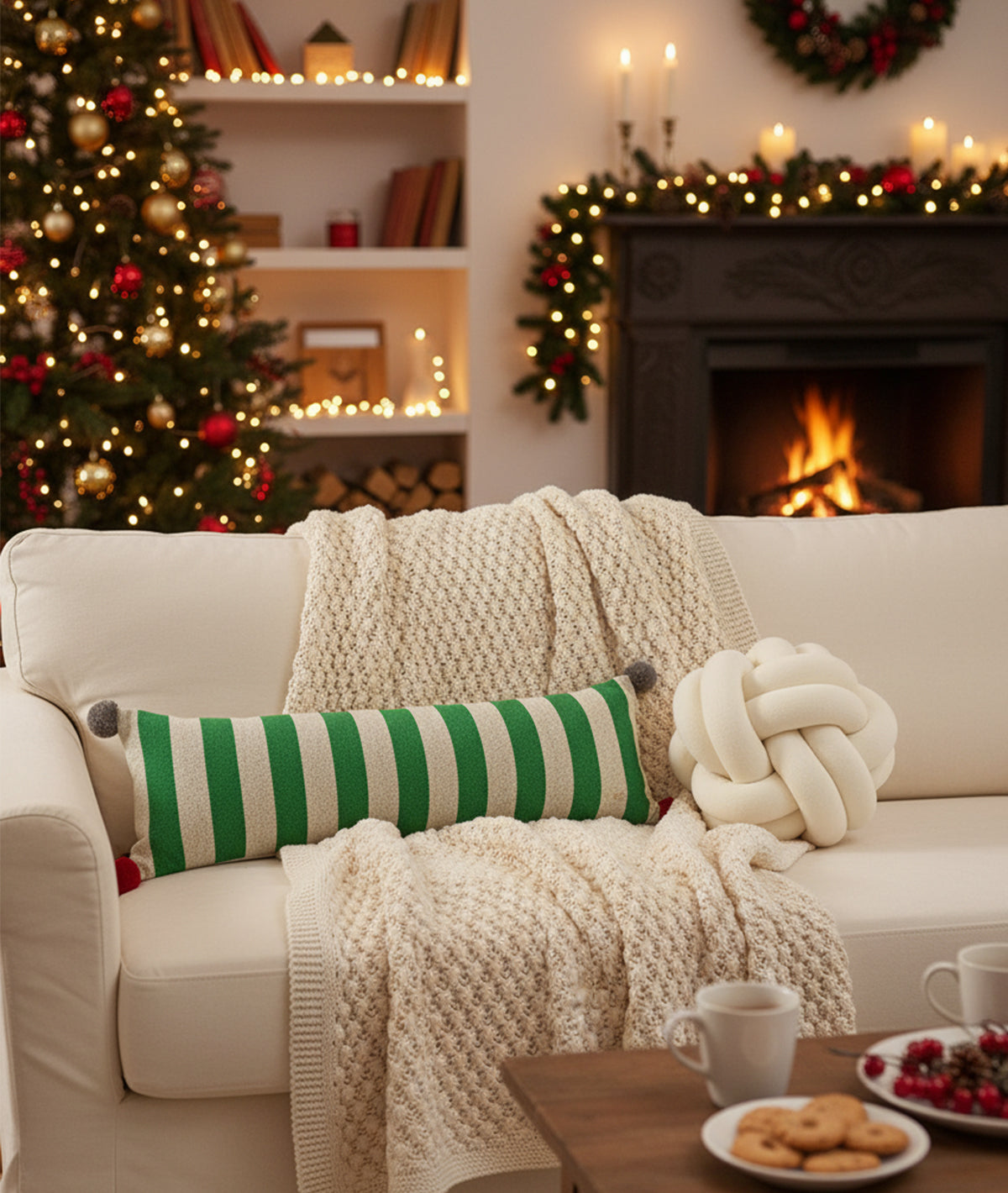 Streaky Cotton Knitted Decorative Hot Green & Natural Color with Red Pom Poms 35 x 7 Inches Oblong Pillow Cover