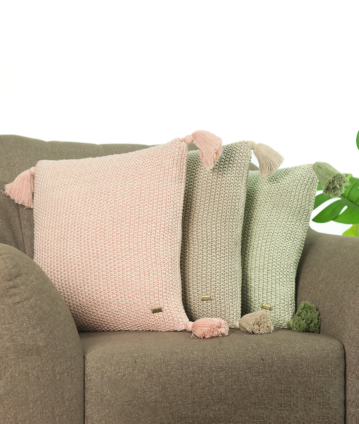 Moss Knit Cotton Knitted Decorative Cushion Cover (Pearl Pink & Natural) (16" X 16")