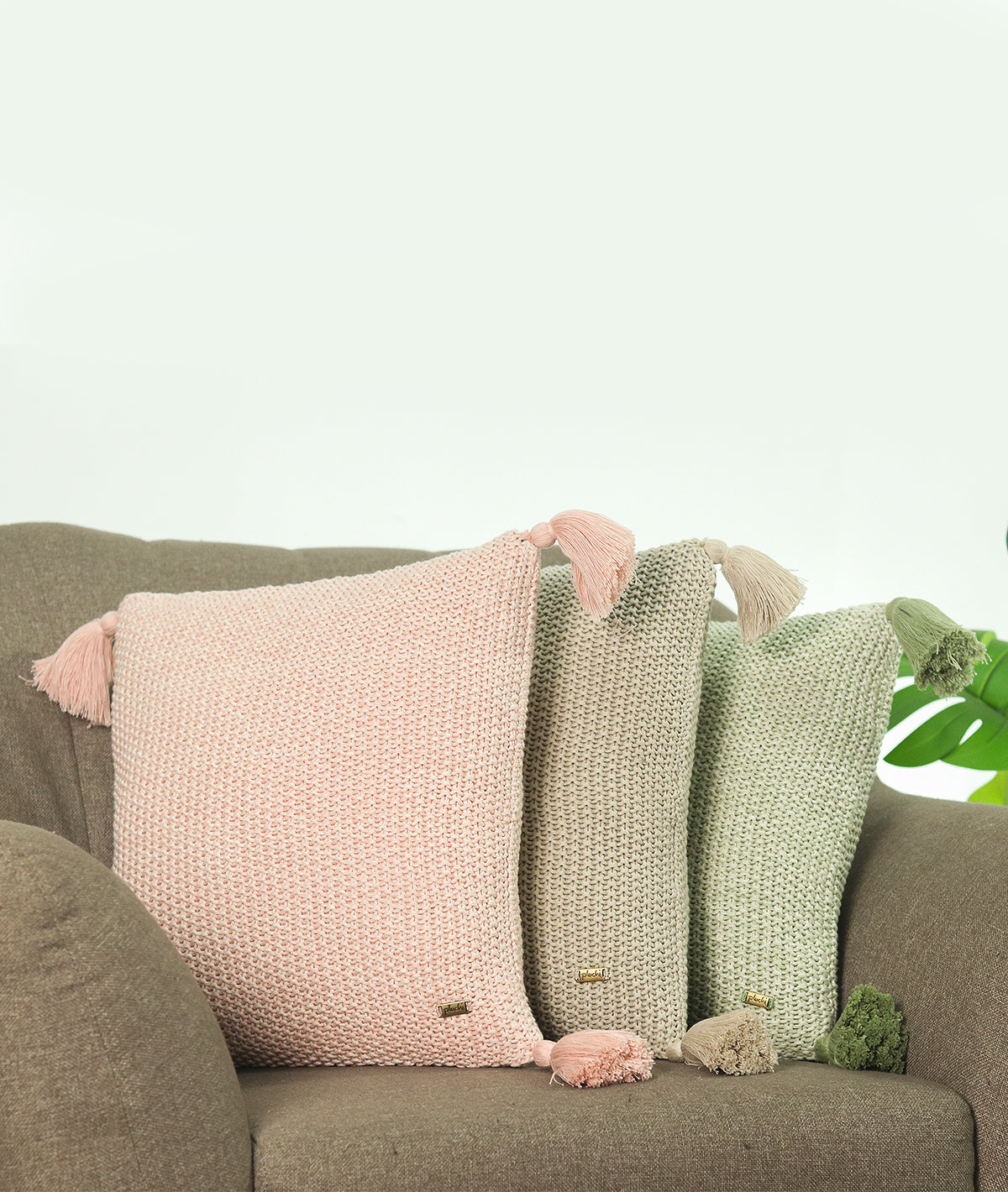 Moss Knit Cotton Knitted Decorative Cushion Cover (Pale Whisper) (16" X 16")