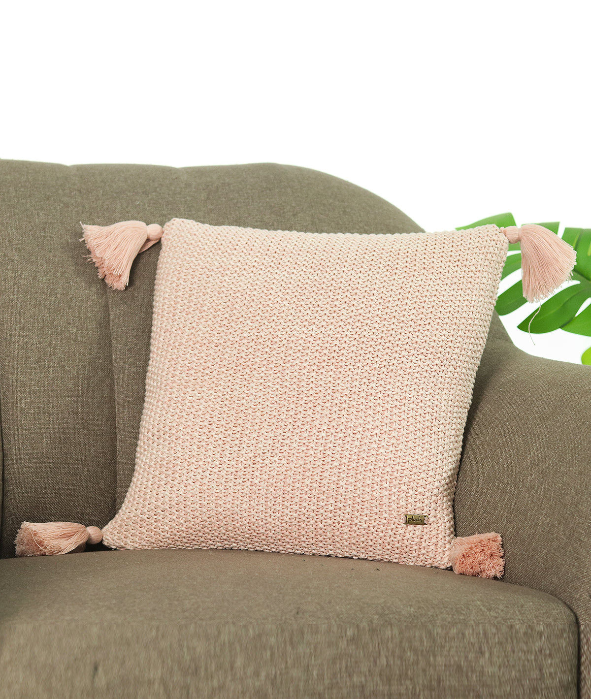 Moss Knit Cotton Knitted Decorative Cushion Cover (Pearl Pink & Natural) (16" X 16")