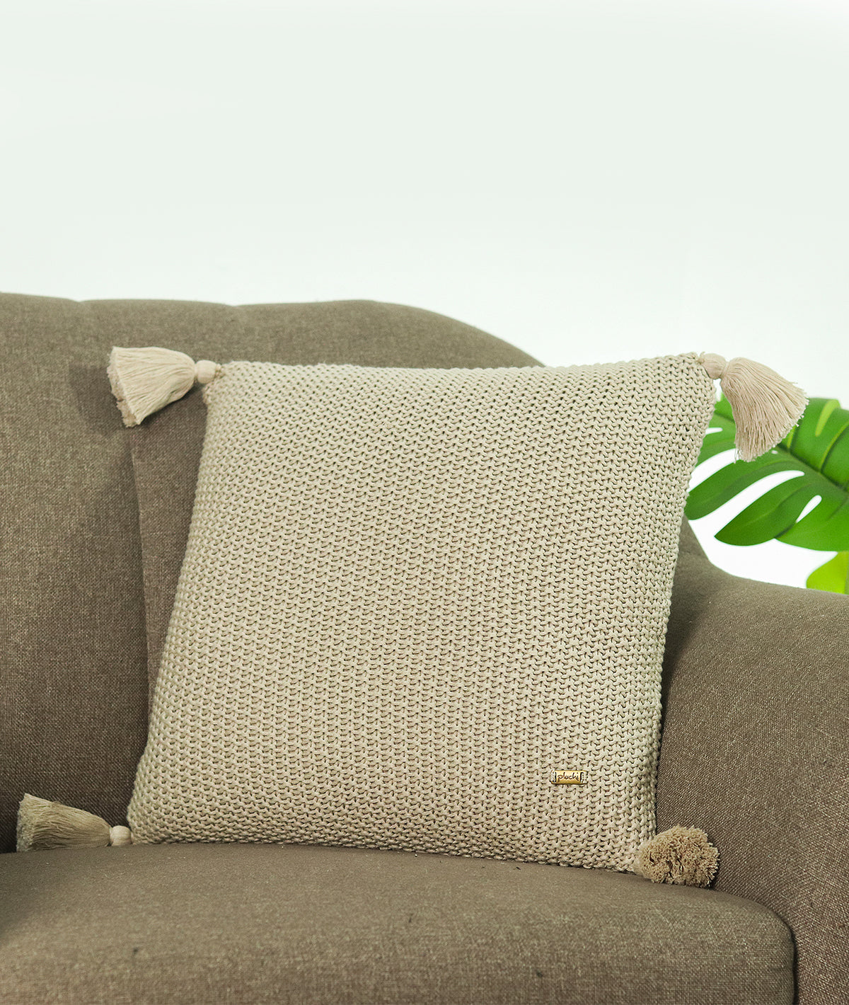 Moss Knit Cotton Knitted Decorative Cushion Cover (Pale Whisper) (16" X 16")