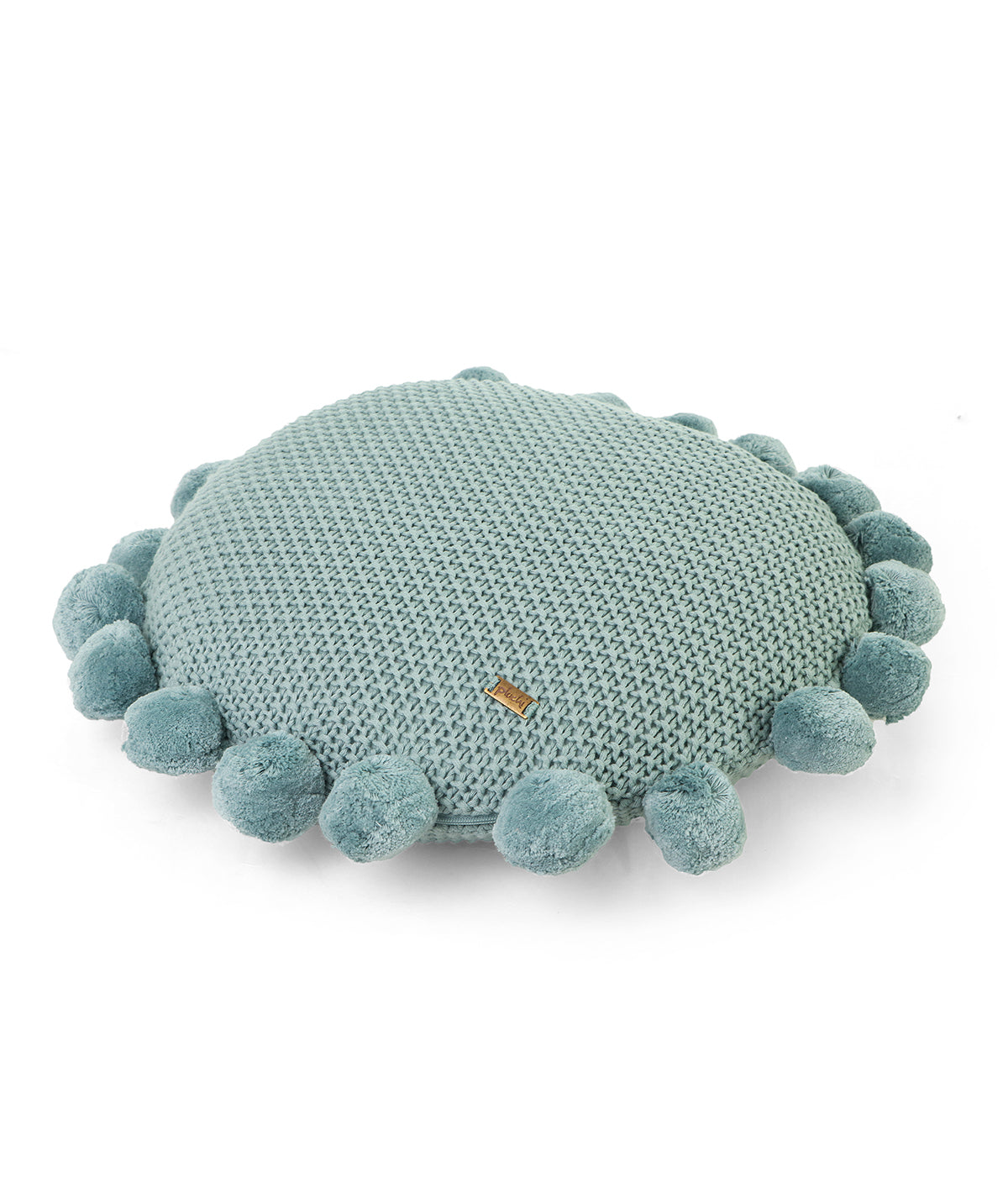 Pom Pom Dull Blue Cotton Knitted Decorative 16 Inches Dia Cushion Cover