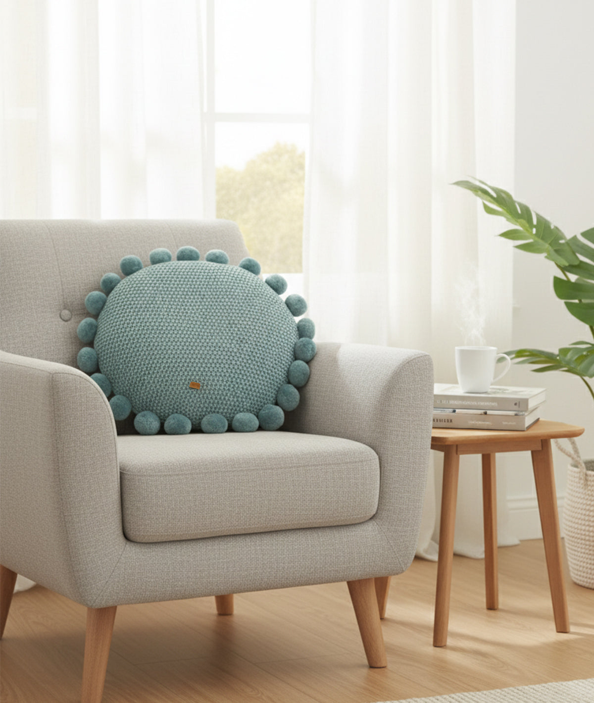 Pom Pom Cotton Knitted Decorative Cushion Cover with Filler (16 Inches Dia)