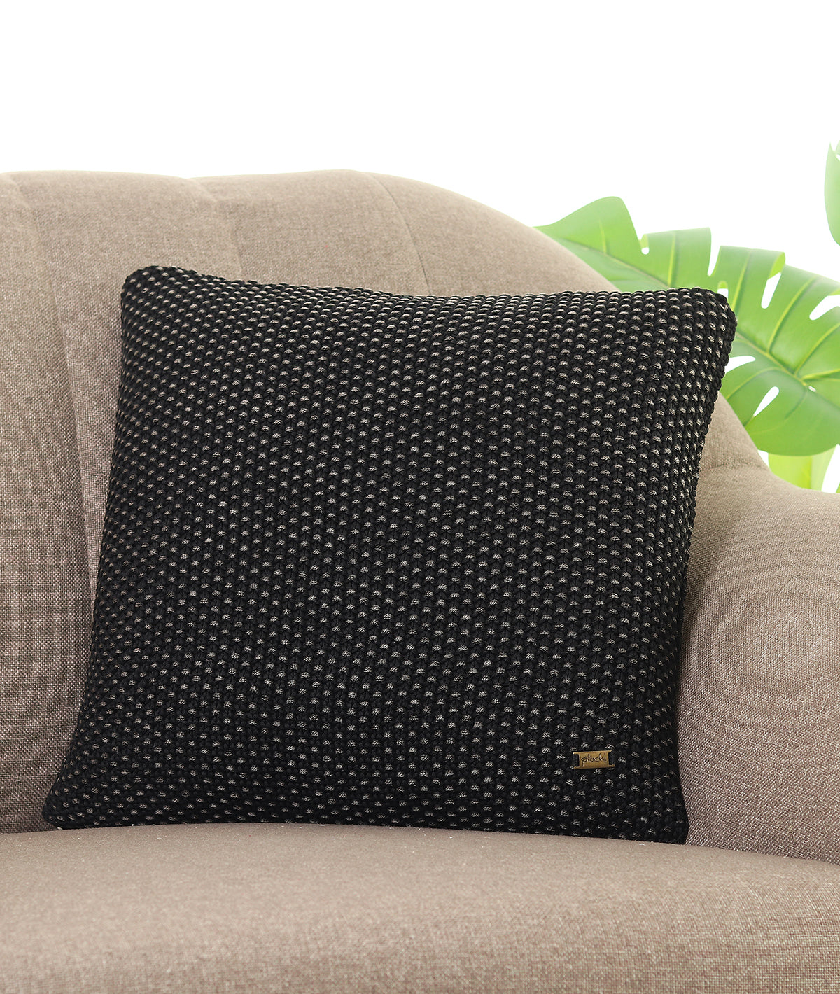 Moss Knit Black Cotton Knitted Decorative 16 X 16 Inches Cushion Cover