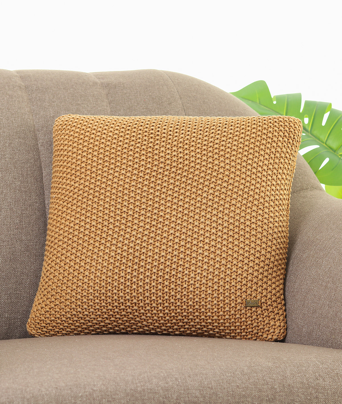 Moss Knit Mustard Cotton Knitted Decorative 16 X 16 Inches Cushion Cover