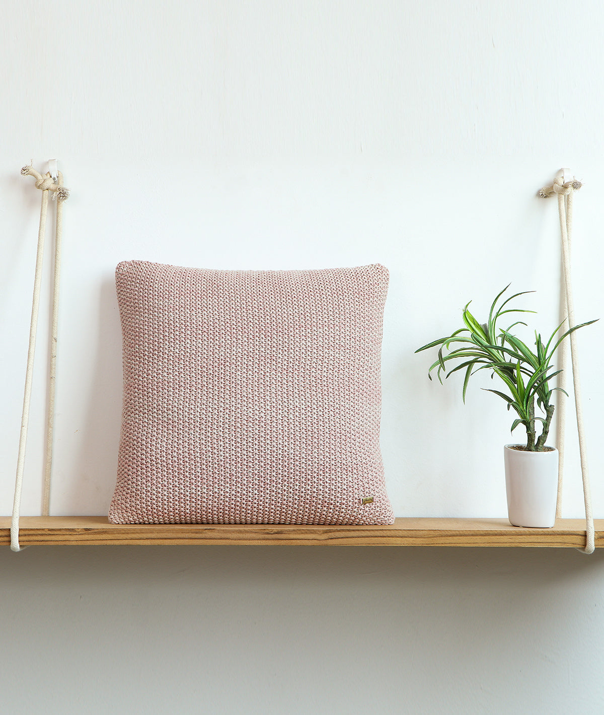 Moss Marld Pale Pink & Beige Melange Cotton Knitted Decorative 16 X 16 Inches Cushion Cover