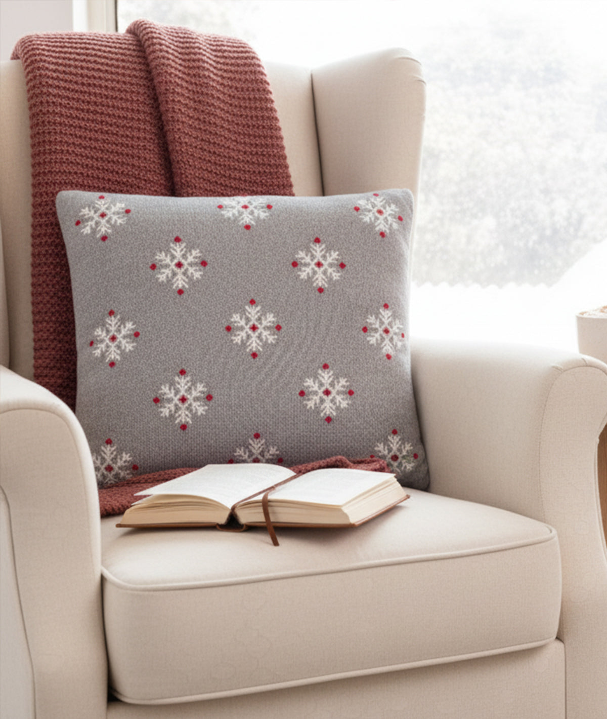 Noella Cotton Knitted Decorative Light Grey, Ivory & Red Color 20 x 20 Inches Cushion Cover