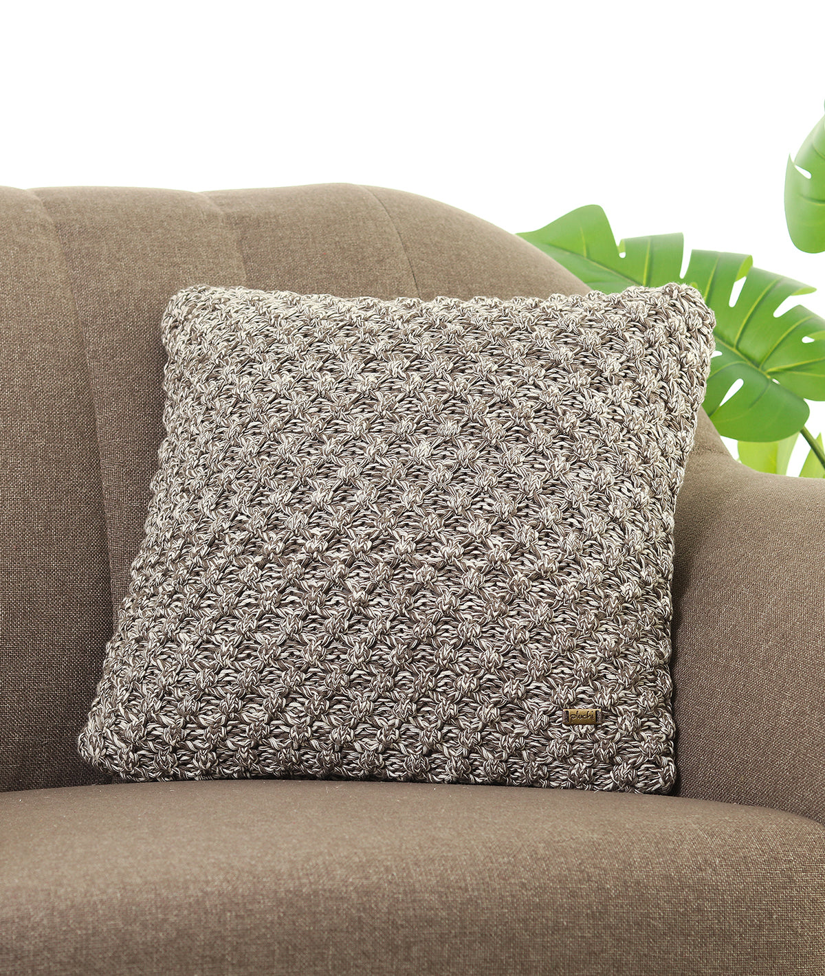 Popcorn Dark Pewter & Natural Cotton Knitted Decorative 16 X 16 Inches Cushion Cover