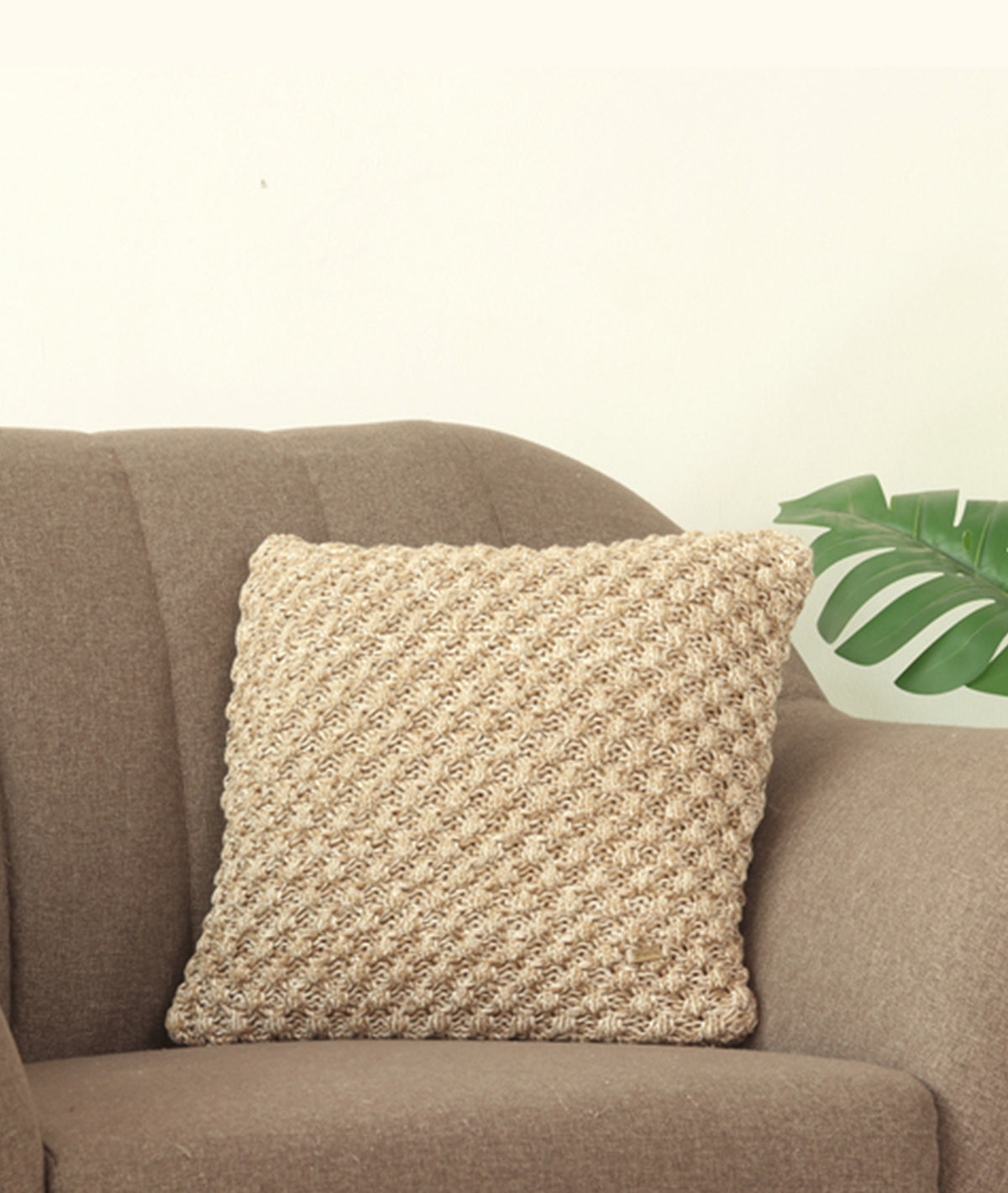 Popcorn Khaki & Natural Cotton Knitted Decorative 16 X 16 Inches Cushion Cover