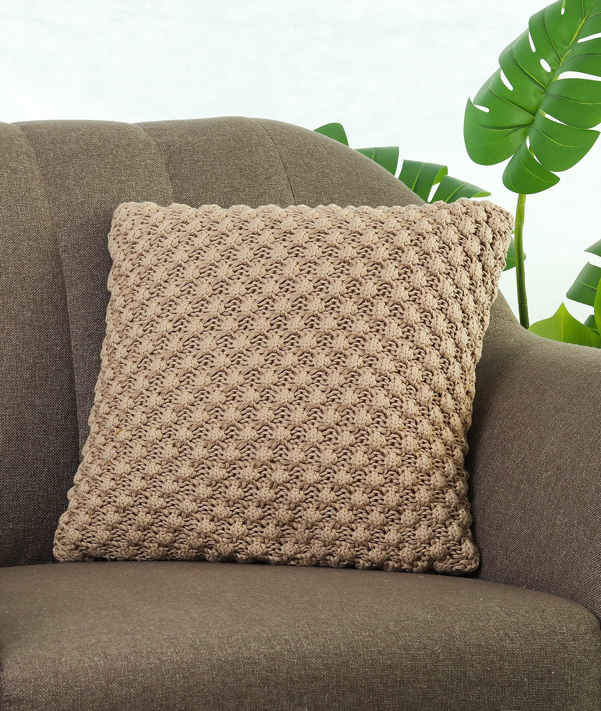 Popcorn Knit Light Beige Melange Cotton Knitted Decorative 16 X 16 Inches Cushion Cover