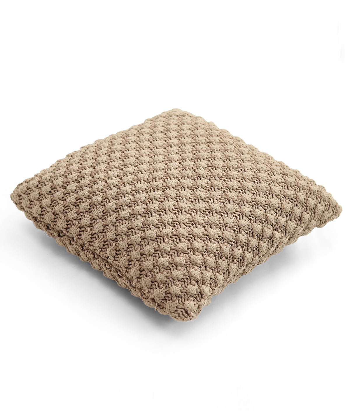 Popcorn Knit Light Beige Melange Cotton Knitted Decorative 16 X 16 Inches Cushion Cover