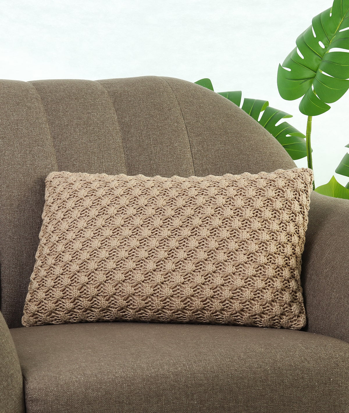 Popcorn Knit Light Beige Melange Cotton Knitted Decorative 12 X 20 Inches Cushion Cover