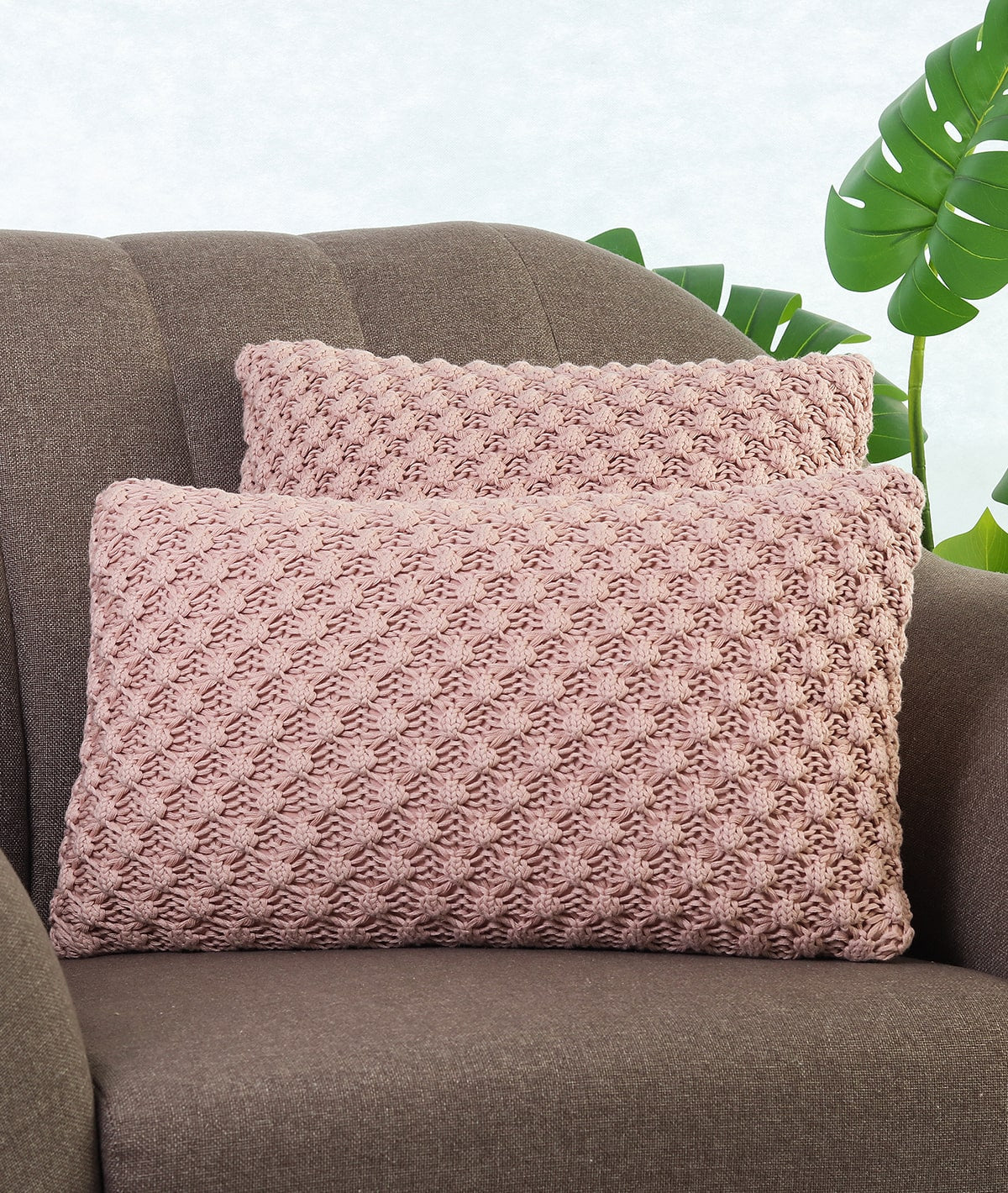 Popcorn Knit Cameo Pink Cotton Knitted Decorative 16 X 16 Inches Cushion Cover