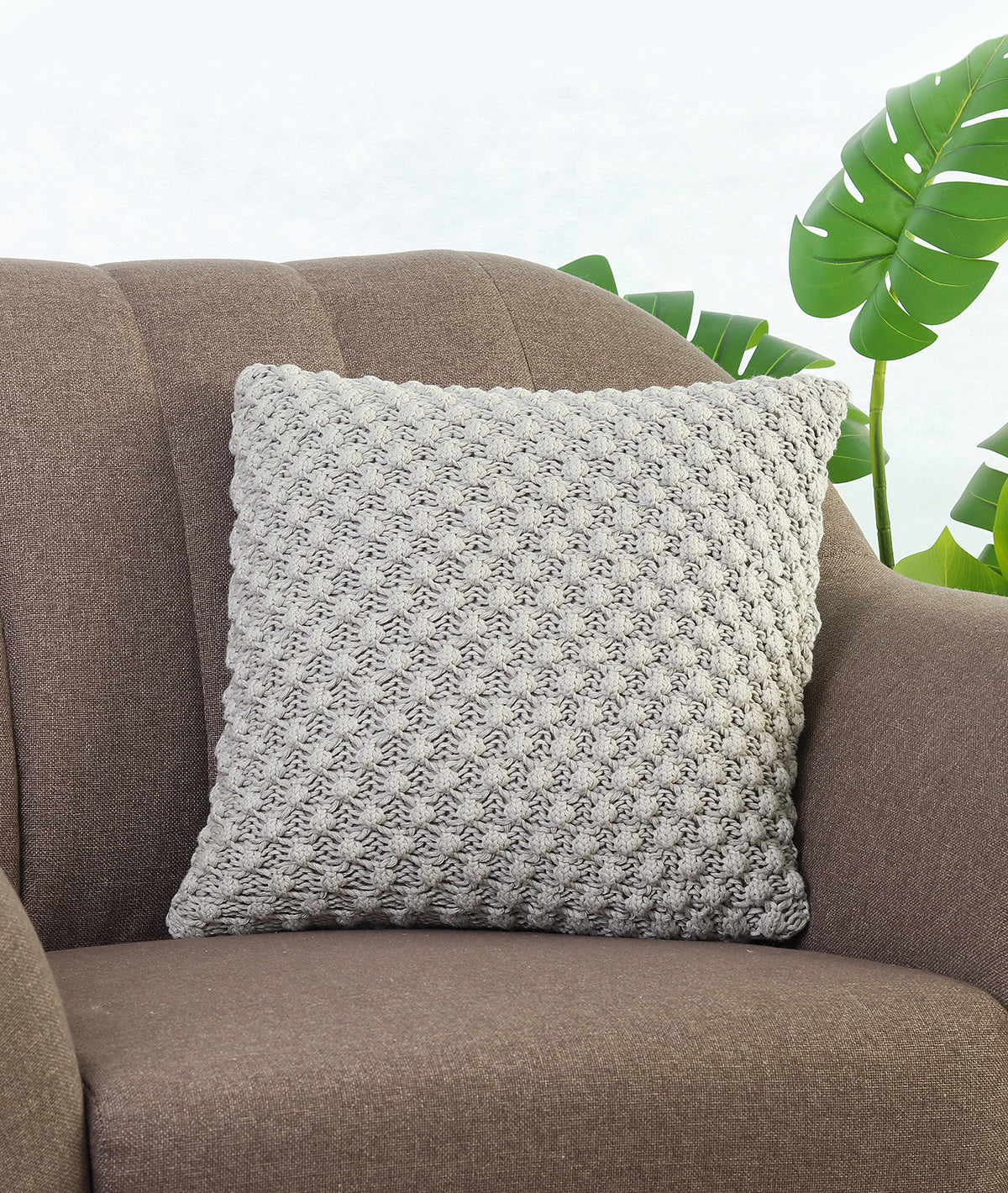 Popcorn Knit Vanilla Grey Melange Pink Cotton Knitted Decorative 16 X 16 Inches Cushion Cover