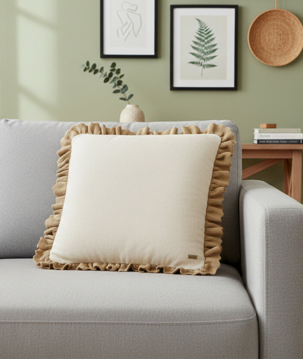 Ruffle Natural & Khaki Cotton Knitted Decorative 16 X 16 Inches Cushio ...