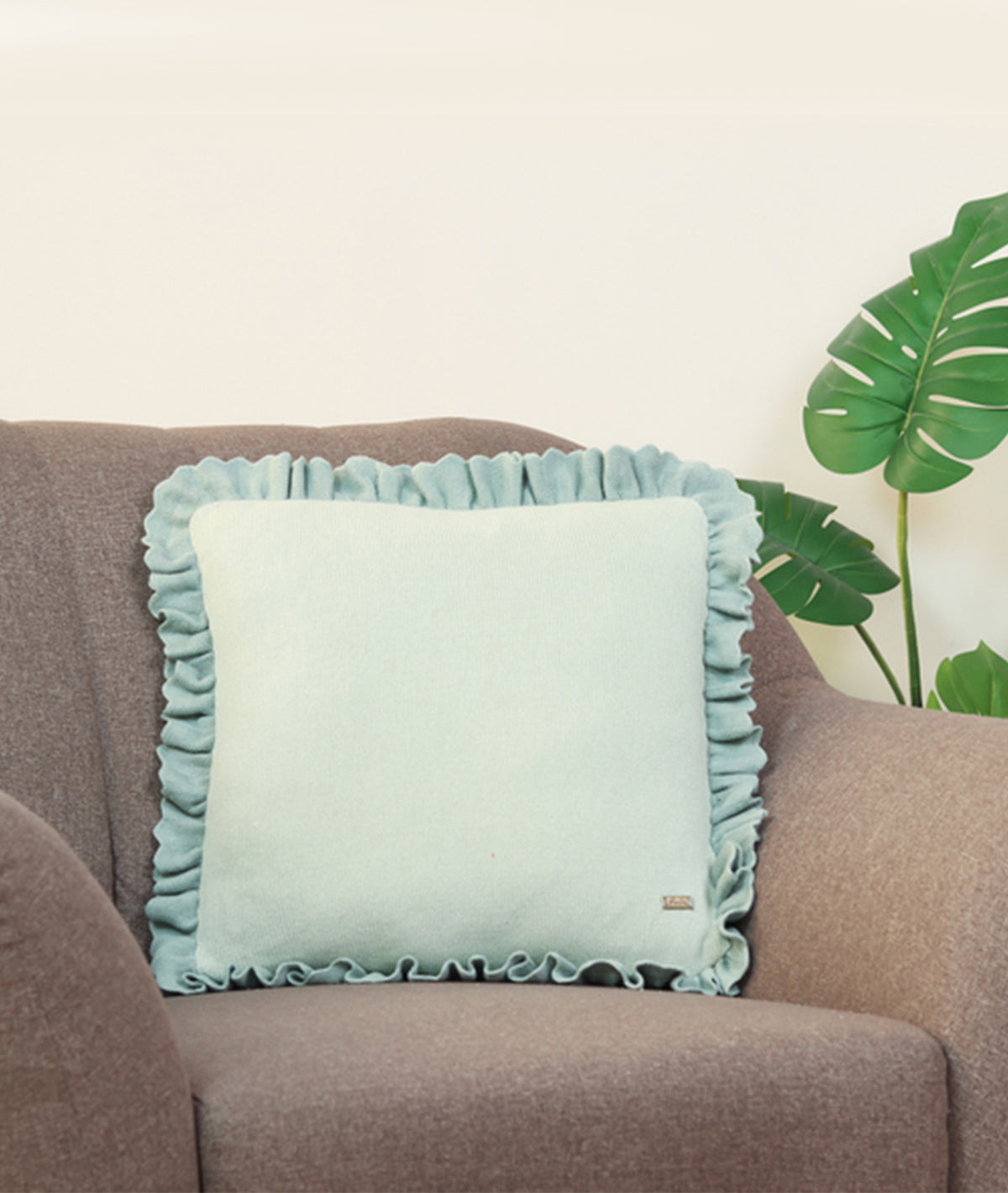 Ruffle Pistachio Green & Olive Cotton Knitted Decorative 16 X 16 Inches Cushion Cover