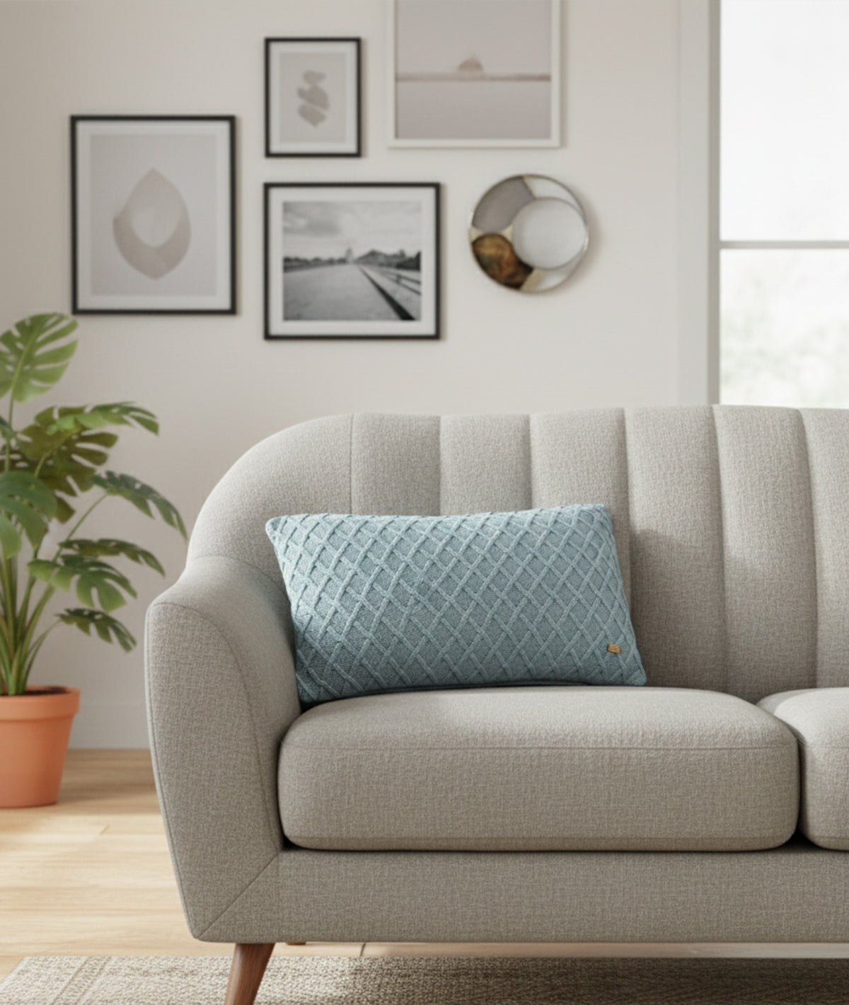 Crest Blue Grey Cotton Knitted Decorative 12 X 20 Inches Cushion Cover