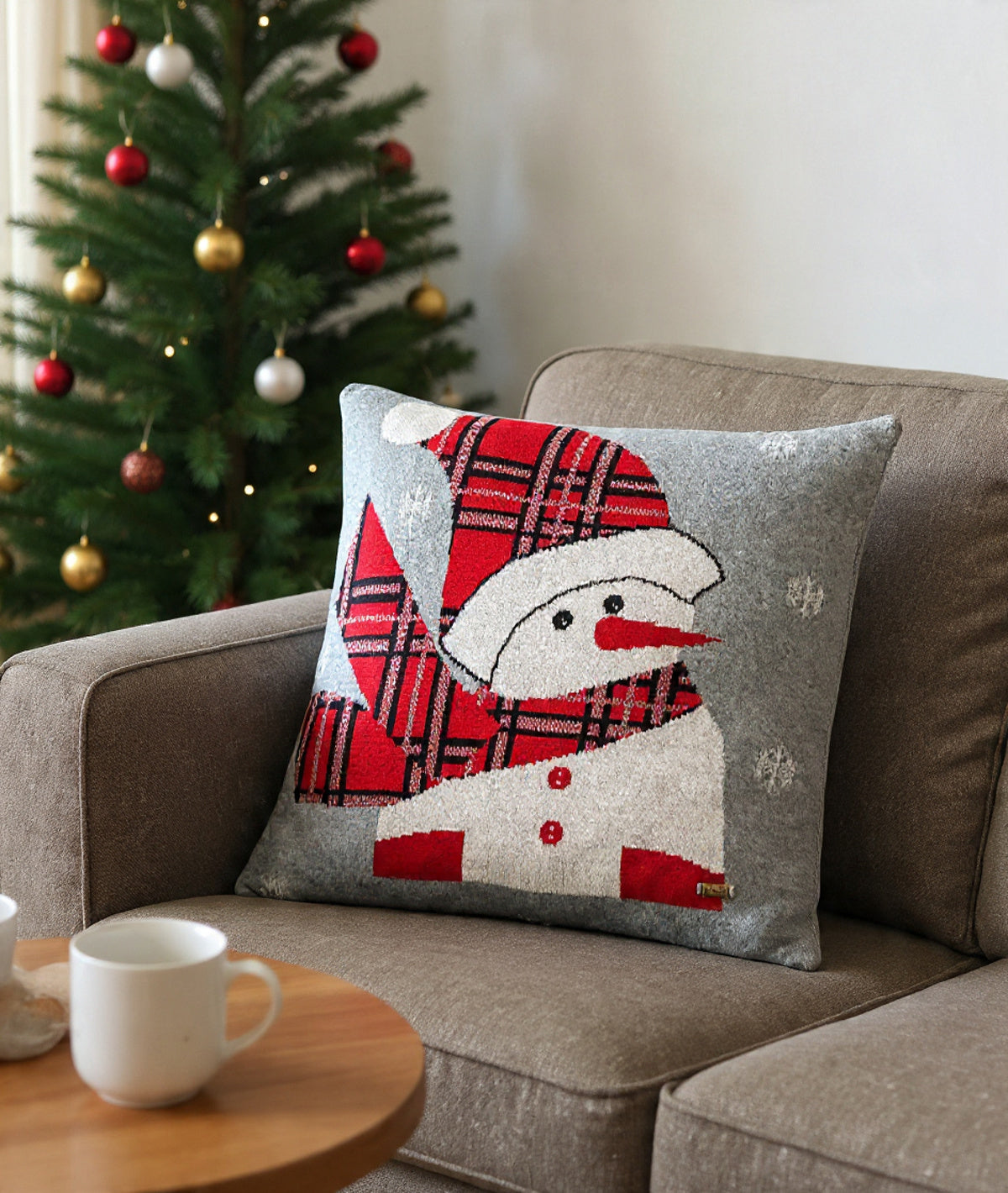 Snowman Cotton Knitted Decorative Cushion Cover (Light Grey Melange , Red, Black & Ivory) (18" x 18")