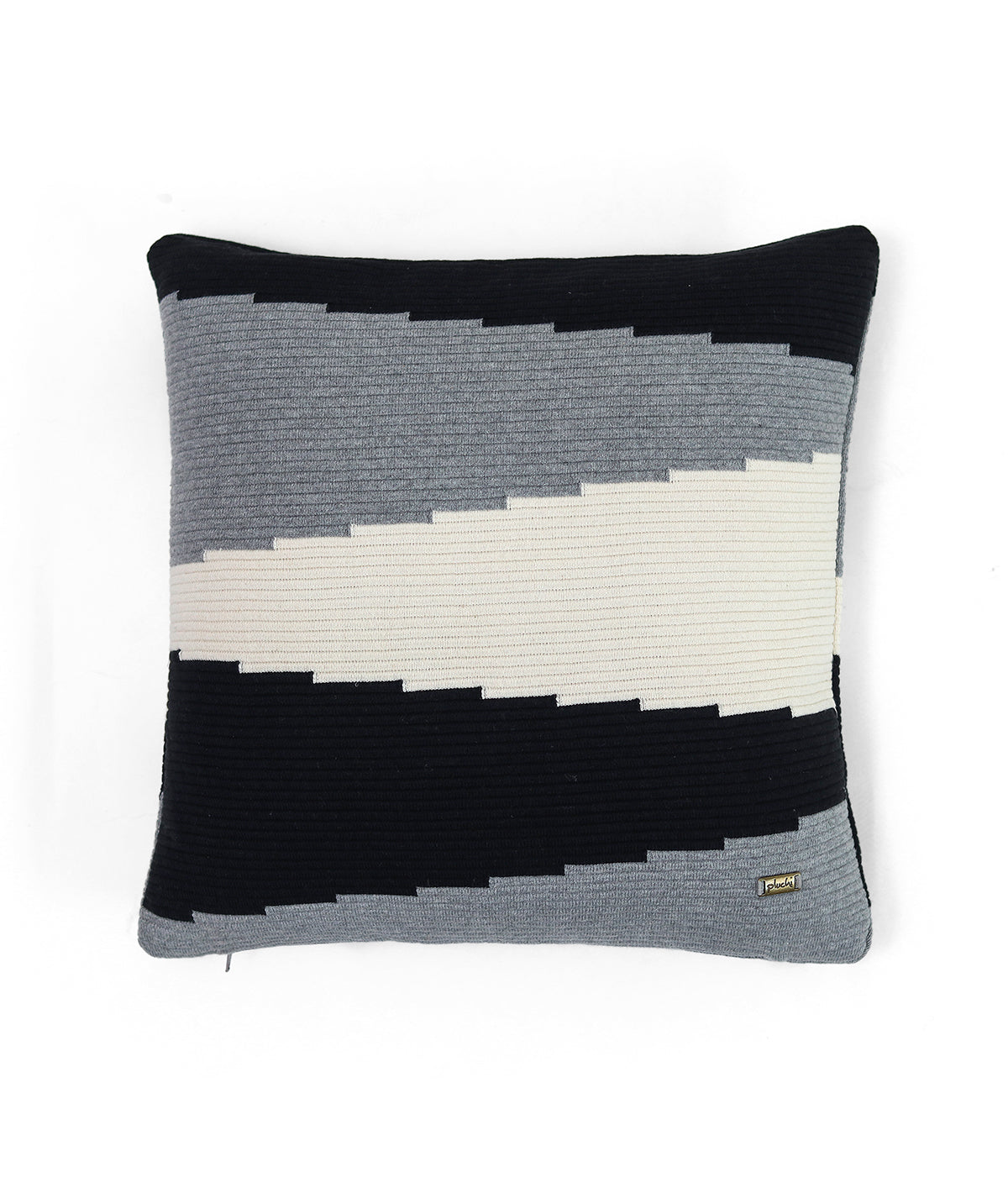Color Block Light Grey Melange, Black & Natural Cotton Knitted Decorative 16 X 16 Inches Cushion Cover