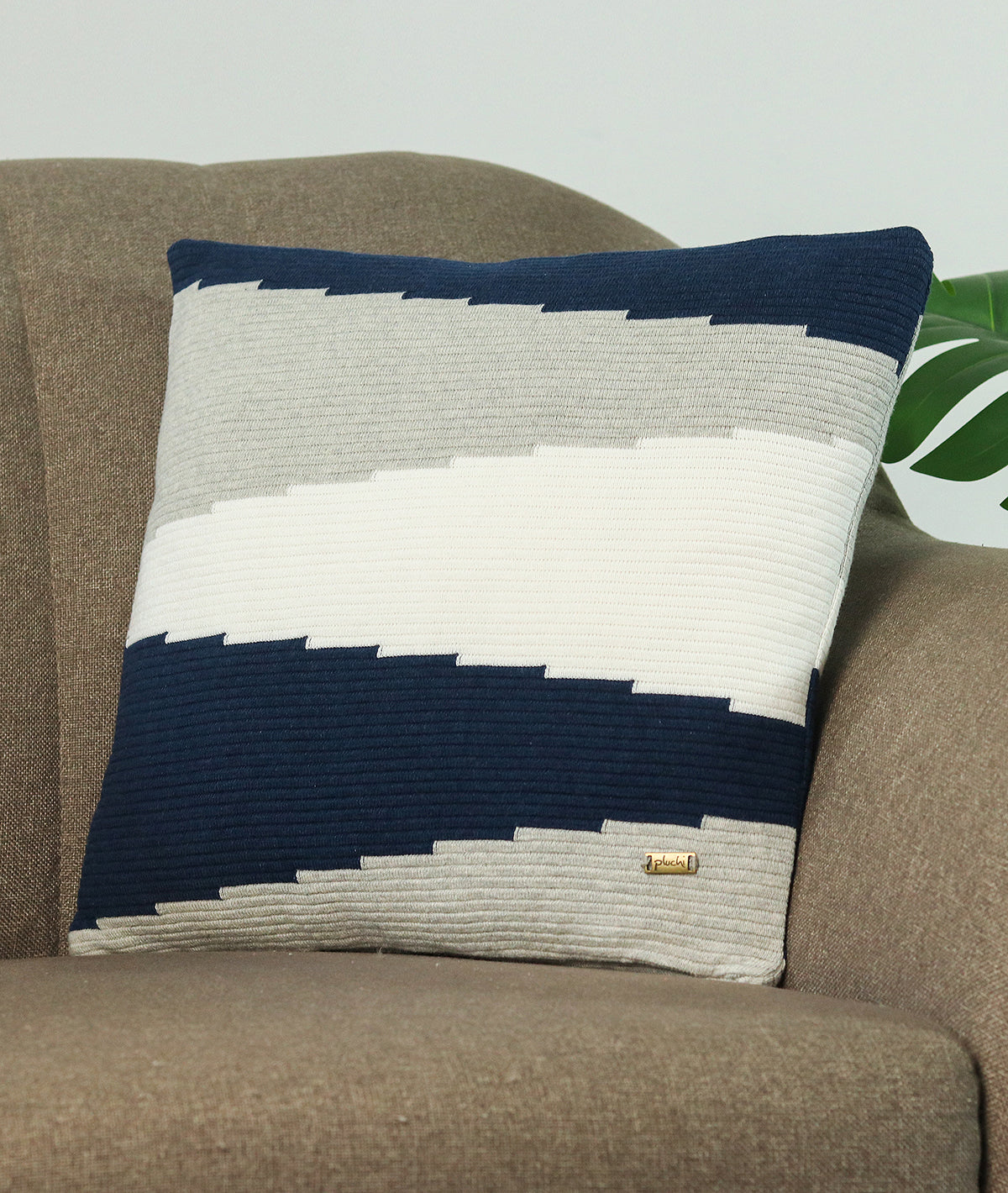 Maverick Navy Melange, Vanilla Grey Melange & Ivory Cotton Knitted Decorative 16 X 16 Inches Cushion Cover